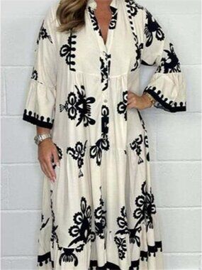 Full Size Printed Notched 3/4 Sleeve Midi Dress Plus Size
